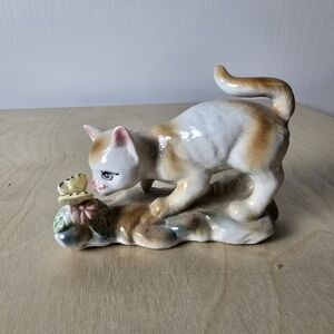 Vintage Ceramic Cat Figurine with Butterfly
